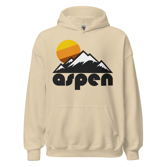 A vintage, 90s style sand colored hoodie sweatshirt that says 'aspen' under the image of a mountainous landscape with all the peaks covered in white snow and a tricolored yellow, orange, and brown sun setting behind the range. References the popular skiing and hiking town Aspen, Colorado, in the Rocky Mountain National Park. 