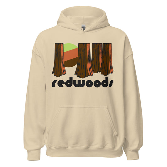 A vintage, tourist Redwood National Park sand colored hoodie sweatshirt that has the word 'redwoods' in a bold, black font underneath an image of the incredible trees, known for having the greatest height of any species in the world, a bright green, red, and brown sun shining in the distance. 