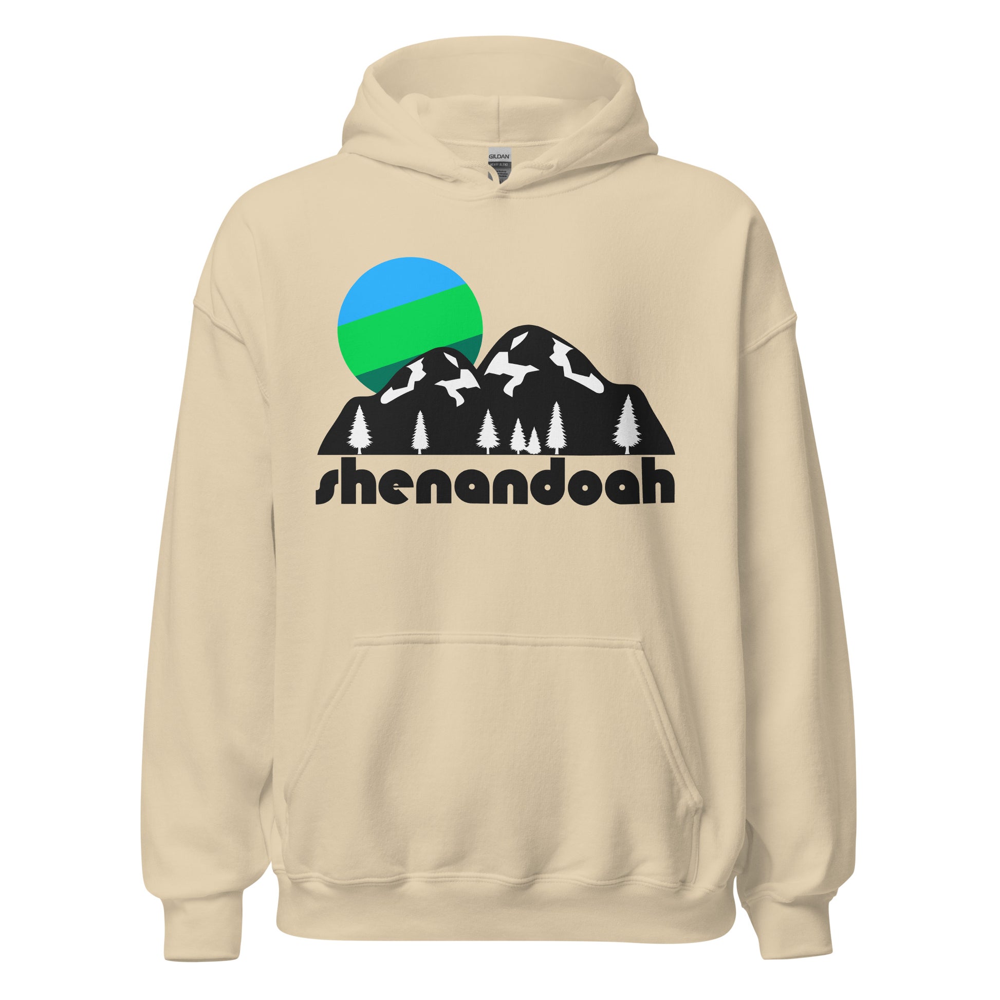 A vintage, souvenir Shenandoah National Park soft cream hoodie sweatshirt that says "shenandoah" under the image of a mountain landscape with snow and forest trees under a colorful sun. The national park in Virginia has the famous Old Rag Mountain, Skyline Stables, Skyline Drive, and Big Meadows which tourists and hikers go to to view birds. 
