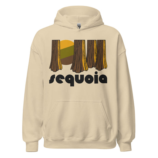 A retro, 80s style "sequoia" sand colored hoodie sweatshirt with the image of multiple large tree trunks and a yellow, green, and brown sun. References Sequoia National Park in California, in the Sierra Nevada Mountain Range, including the popular General Sherman Tree - the largest tree in the wold - and Crescent Meadow, Moro Rock, Crystal Cave, and Mount Whitney. 