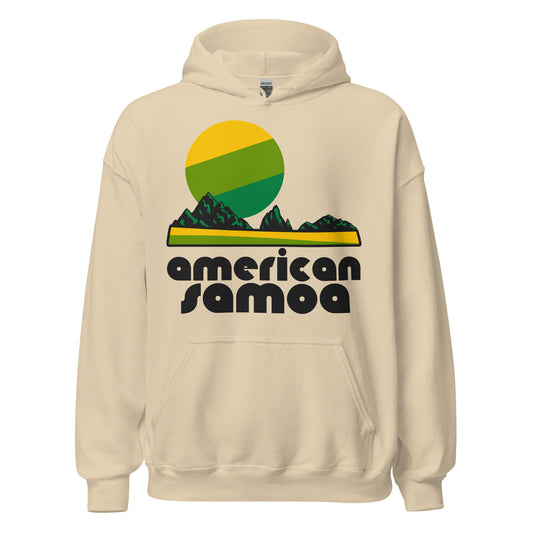 A vintage, 70s style sand colored hoodie sweatshirt that says "american samoa" underneath the image of a beach and forest landscape under a yellow and green striped circle sun. References the US Territory in the Pacific Ocean and the National Park of american Samoa known for rainforests, beaches and coral reefs. 