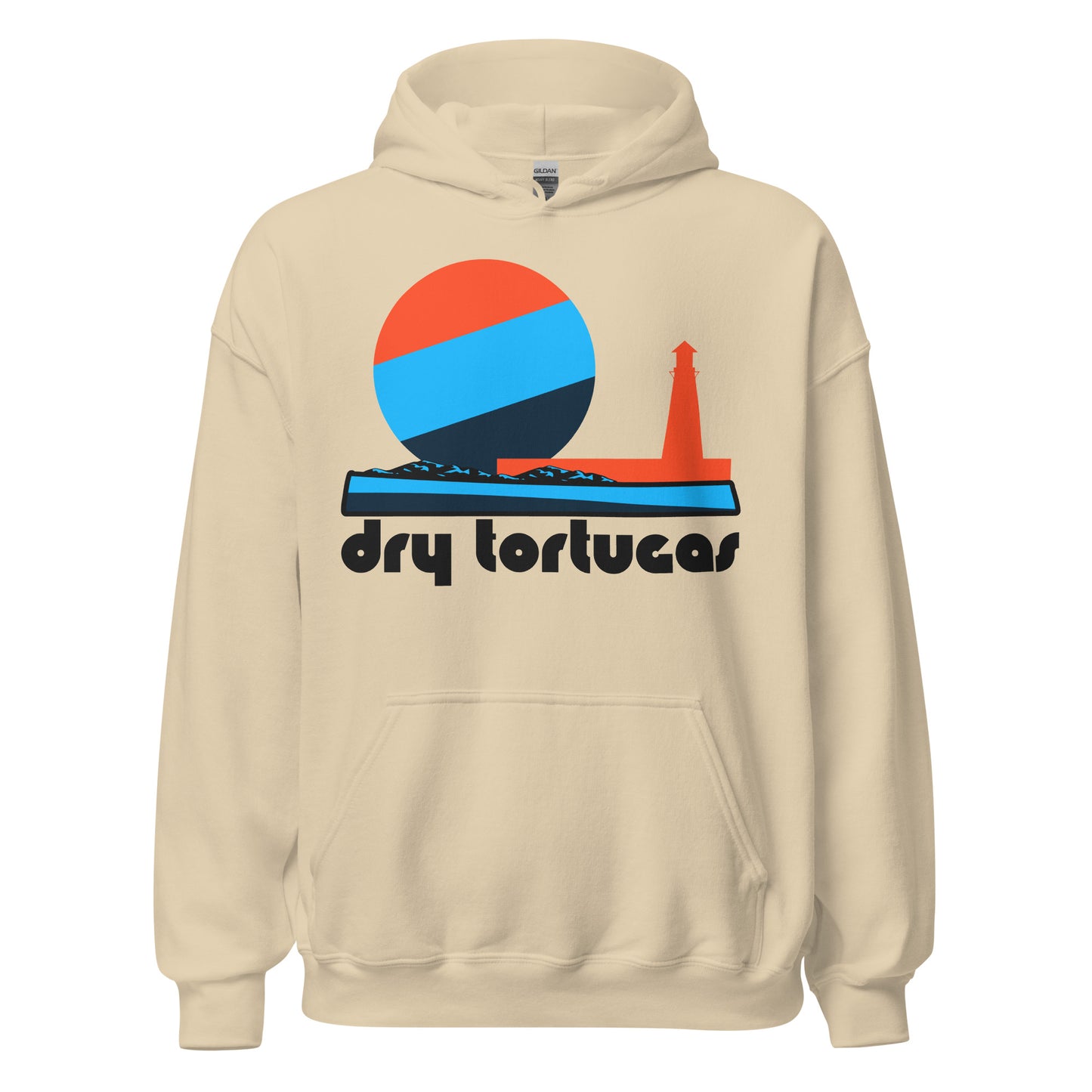 A sand colored retro style 1970s Dry Tortugas hooded sweatshirt with the image of a blue and navy waterfront with small blue mountains, a red lighthouse, and a red/blue/navy sun. References Dry Tortugas National Park, located in Florida near key west, known for Loggerhead Light, Fort Jefferson, clear blue waters, and Fort Jefferson. 