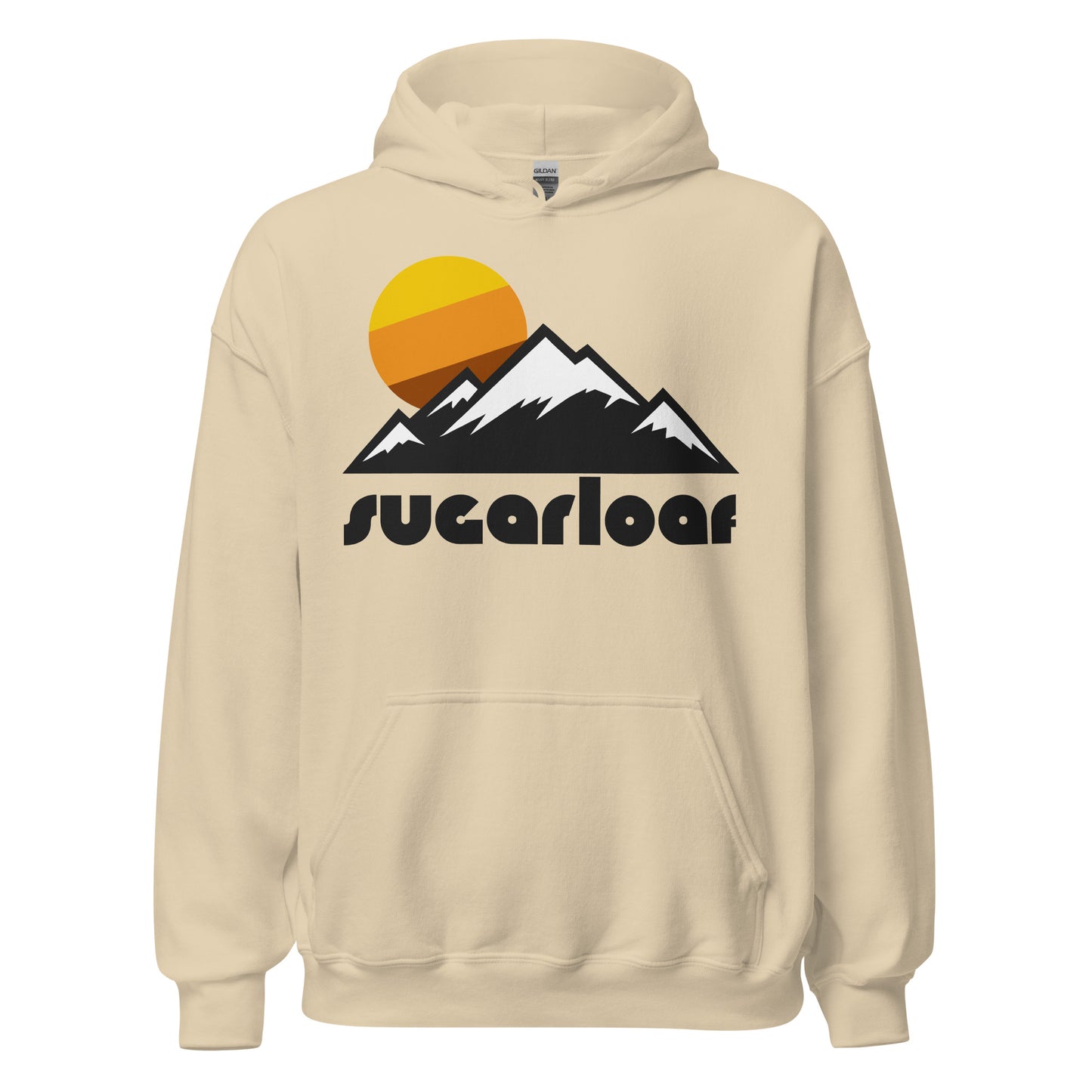 A sand colored Sugarloaf souvenir hooded sweatshirt with the image of a mountain landscape with snow on the peaks and a circular sun in the background colored yellow, brown, and orange. References Sugarloaf Mountain and the ski resort in Maine in Carrabassett Valley.  
