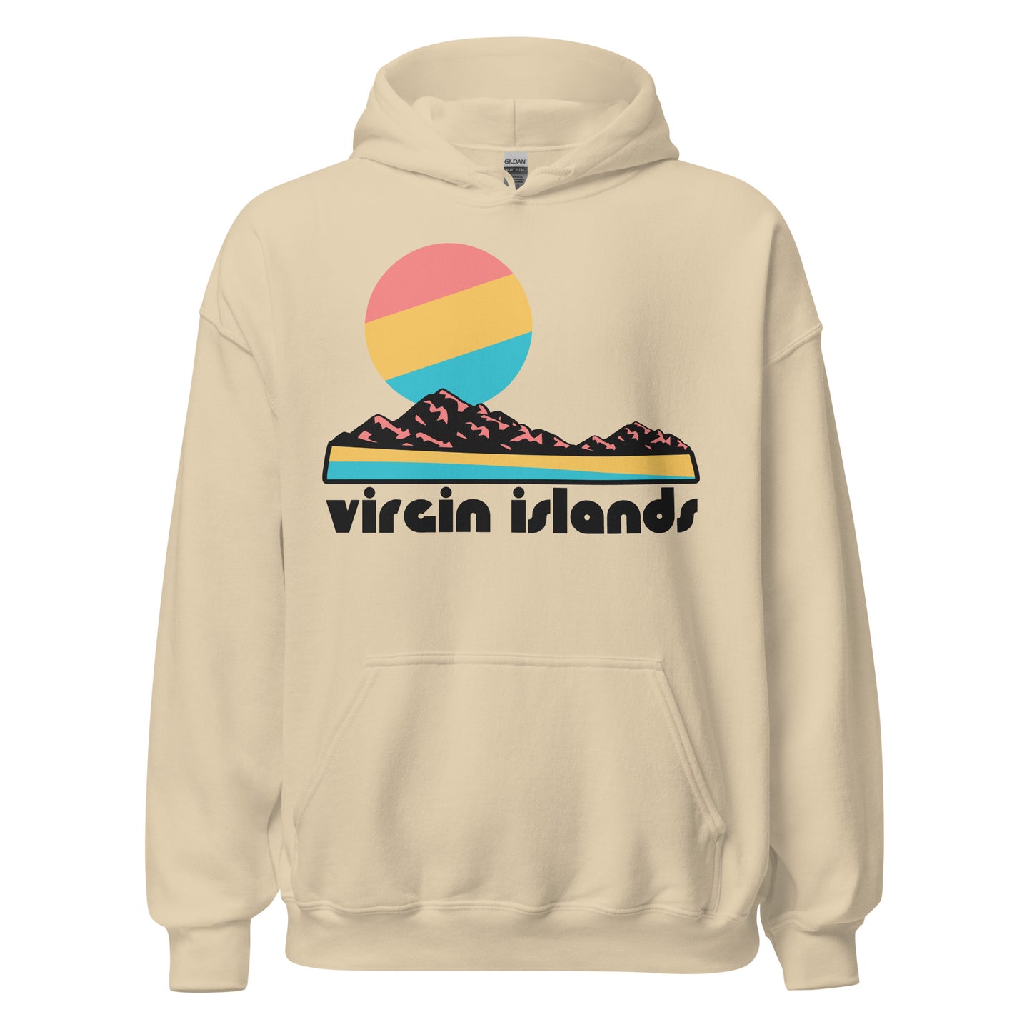 A sand colored Virgin Islands retro, 80s style hooded sweatshirt with the image of a beach next to the ocean with a rocky landscape and a sun. References the national park located on Saint John, US Virgin Islands, with stunning beaches like Trunk Bay and Francis Bay, Bourdeaux Mountain, and hiking trails to plantation ruins such as the Annaberg Sugar Plantation and Cinnamon Bay Plantation. 