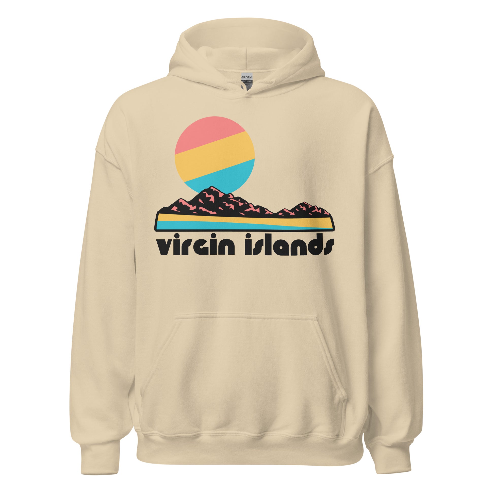 A sand colored Virgin Islands retro, 80s style hooded sweatshirt with the image of a beach next to the ocean with a rocky landscape and a sun. References the national park located on Saint John, US Virgin Islands, with stunning beaches like Trunk Bay and Francis Bay, Bourdeaux Mountain, and hiking trails to plantation ruins such as the Annaberg Sugar Plantation and Cinnamon Bay Plantation. 