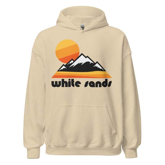 A sand colored vintage 80s style hoodie sweatshirt for White Sands National Park with the image of multiple mountains, topped with snow, and a red/orange/yellow dessert, and a sun, referencing the stunning white sand dunes and the San Andres and Sacramento Mountains in the New Mexico national park. 