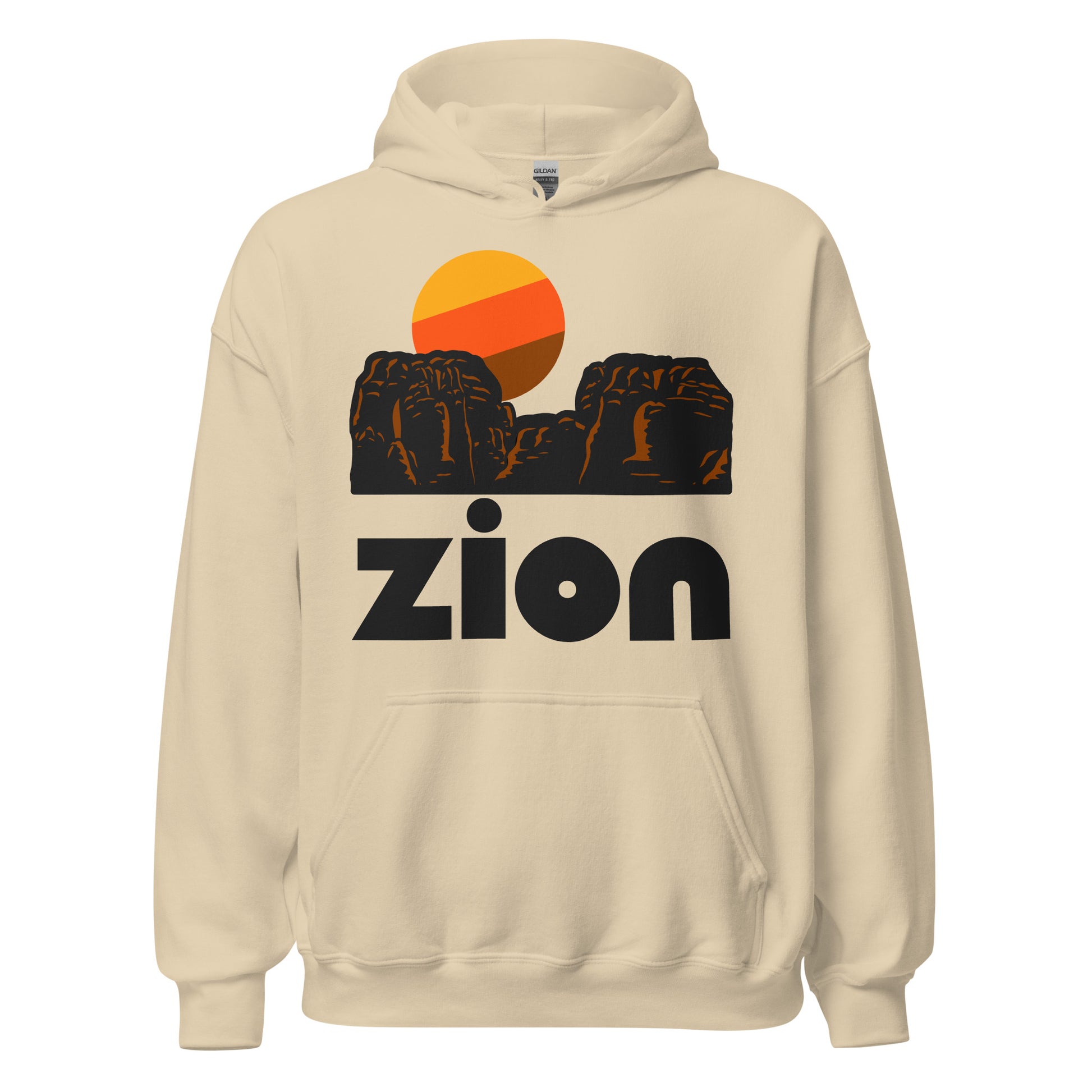 A sand colored vintage Zion hooded sweatshirt with images of the famous red rock landscape, a beautiful orange, yellow and brown rising sun, and referencing Zion National Park in Utah which includes Zion Canyon, the Emerald Pools, Zion Narrows, and many waterfalls and deep chasms. 