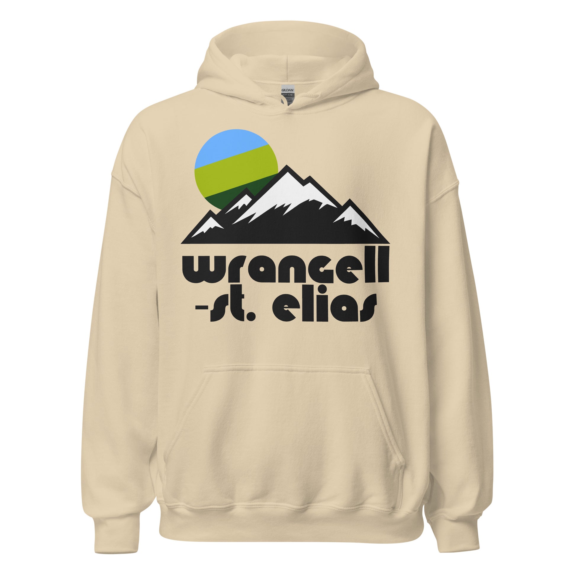 A sand colored vintage souvenir Wrangell-St. Elias hooded sweatshirt with an image of mountains, their peaks covered in snow, and a blue and green sun setting in the distance. The Alaskan national park is the largest in the entire nation, and known for its volcanoes and glaciers, as well as containing nine of the tallest sixteen mountains in the US. 