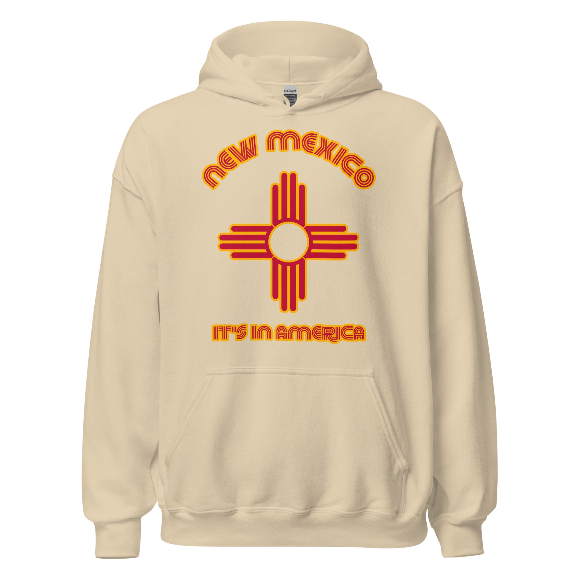 A retro, souvenir New Mexico sand colored hoodie sweatshirt that says 'It's in America' with an image of the Zia cross design found on the New Mexico state flag which comes from the Zia Tribe and represents the four stages of life, the four cardinal directions, and the sun. 