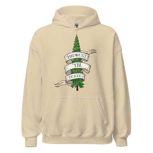 A sand colored 70s style hooded sweatshirt with the image of an evergreen tree wrapped in a Renaissance style banner that reads "Midwest 'Til Death", representing the pride many Midwesterners feel in their roots in the center region of the United States. 