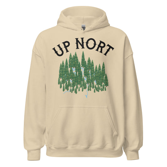 A retro 70s style Up Nort sand colored hoodie sweatshirt that's referencing the Midwestern way of saying "Up North" without the "h" at the end. Includes image of a dark green evergreen forest with light blue rivers as the norther regions of Midwestern states, like Wisconsin and Minnesota, are known for their famous forests, stunning nature, and lakes regions. 