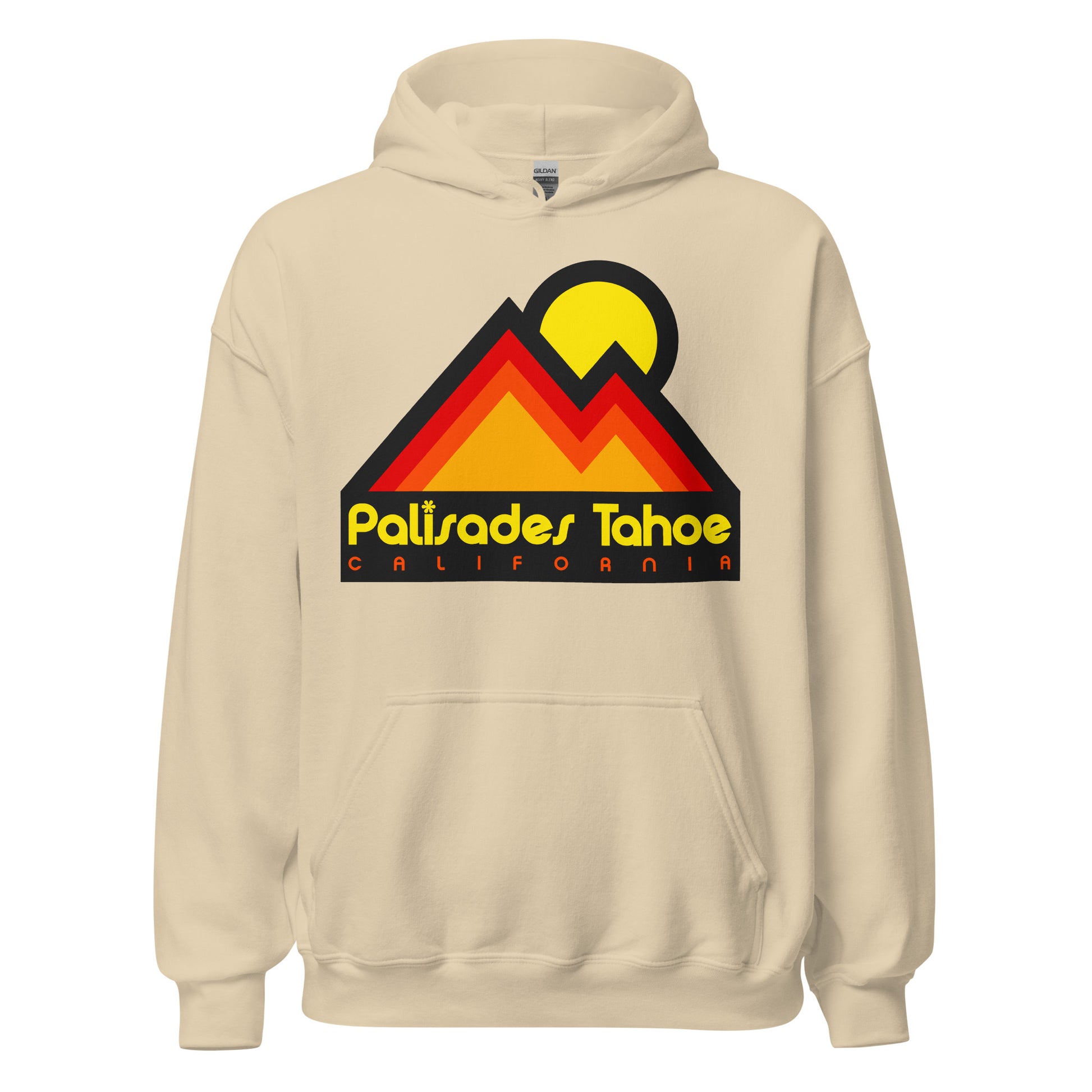 A sand colored 70s style vintage Palisades Tahoe hooded sweatshirt. Image of a mountain range in reds, oranges, and yellows under a circle sun, referencing the Sierra Nevada Mountain range in California, and the famous ski resort in the Lake Tahoe region. 