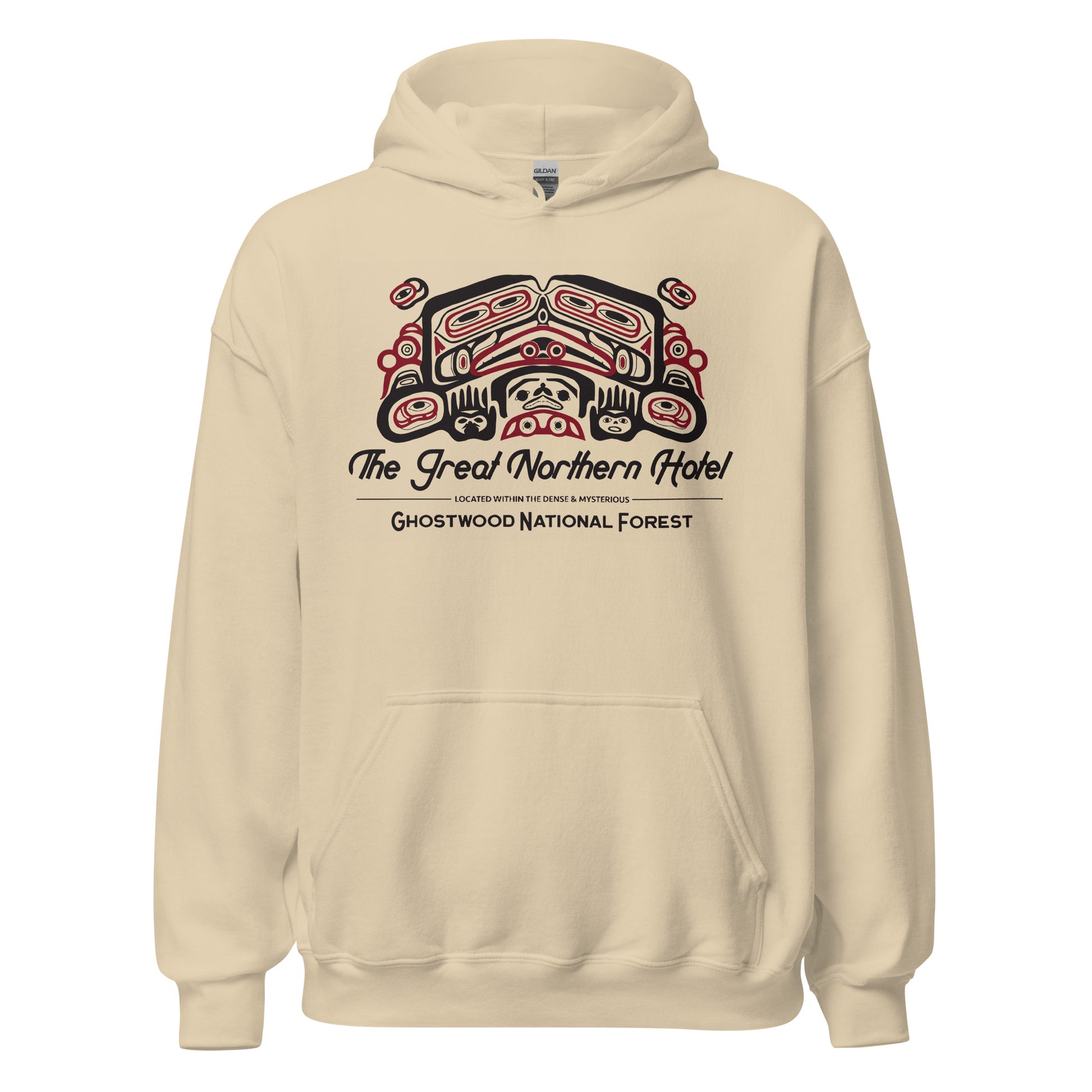 A sand colored retro 70s style hooded sweatshirt reading "The Great Northern Hotel", "Located within the dense & mysterious Ghostwood National Forest". In reference to Twin Peaks, the mystery television series from Queensland, filmed at the Salish Lodge. Image of eyes and faces within wood carvings and trees. 