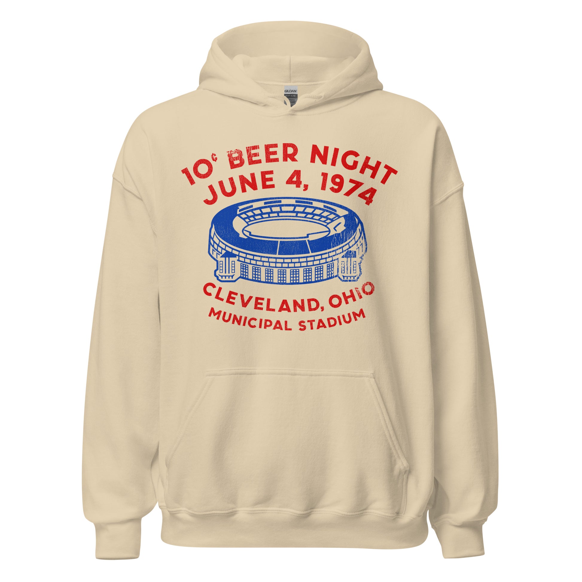 A sand colored vintage 10¢ Beer Night retro hooded sweatshirt  for travel. References the legendary Indians vs. Rangers baseball game on June 4, 1974 in the multipurpose Municipal Stadium in Cleveland, Ohio that ended in a riot. Image of the stadium in navy blue and the words in red, the colors of the Cleveland Indians MLB team. 