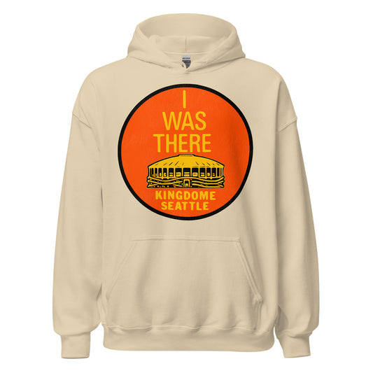 An sand colored vintage Kingdome hoodie sweatshirt that says "Kingdome Seattle", referencing the multipurpose stadium officially called King County Stadium. Says "I was there", as the stadium was demolished in 2000. 