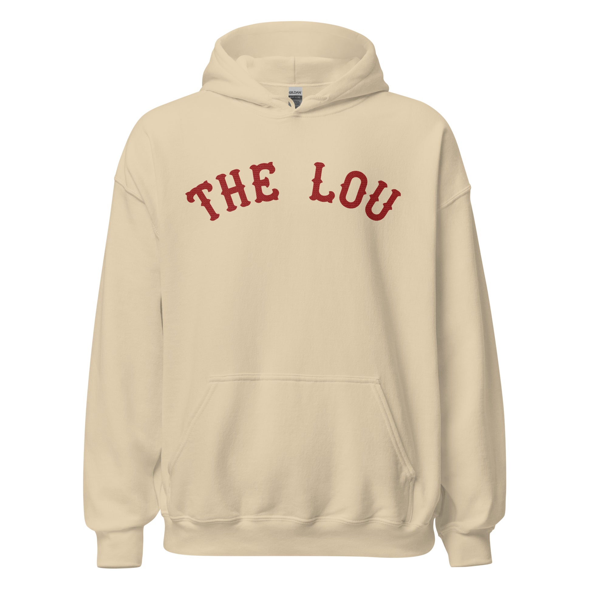 A sand colored vintage hoodie sweatshirt for the Ohio St. Louis Cardinals that says "The Lou" in red with the baseball team's red font. 
