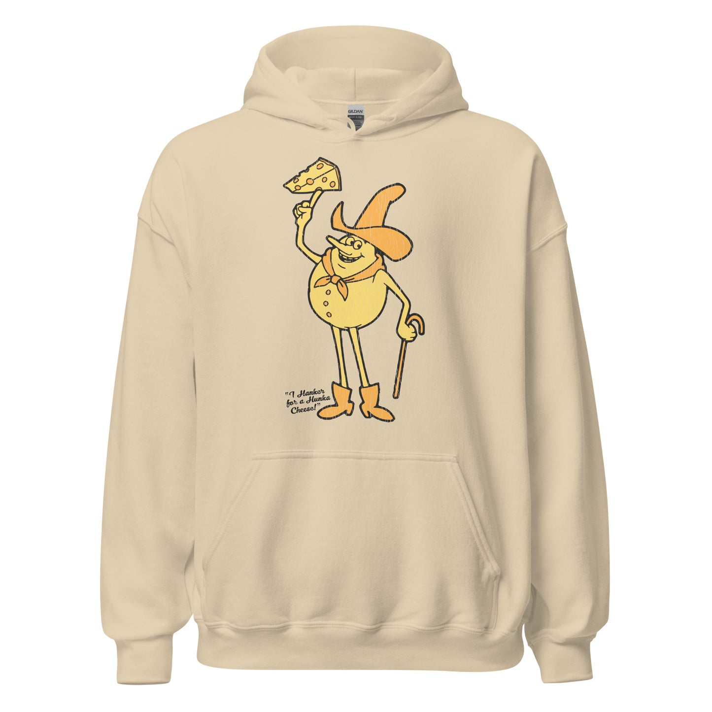 A retro sand colored hoodie sweatshirt for travel with the text "I Hanker for a Hunka Cheese!", referencing the first episode in PSA TV series 'Time for Timer'. Image of Timer as a cowboy with a hat, cane, and cowboy boots and swiss cheese. 