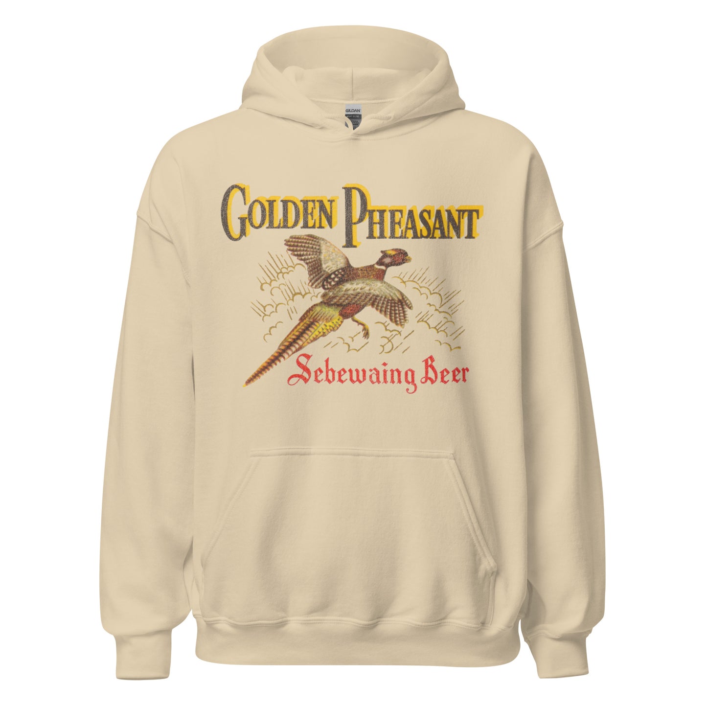 A sand colored retro hooded sweatshirt for tourists that says Golden Pheasant and Sebewaing Beer. Has picture of brown, yellow, and red retro style golden pheasant flying. Refers to the Michigan Sebewaing Brewing Company. 