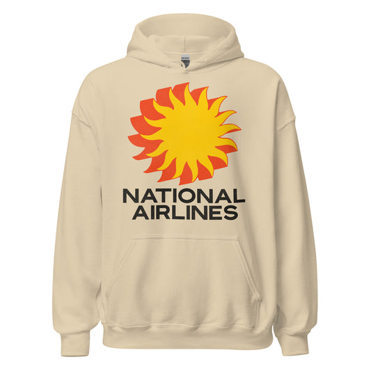A retro 80s style sand colored hoodie sweatshirt that says National Airlines in black bold block letters with the airline's sun king yellow and orange logo. 
