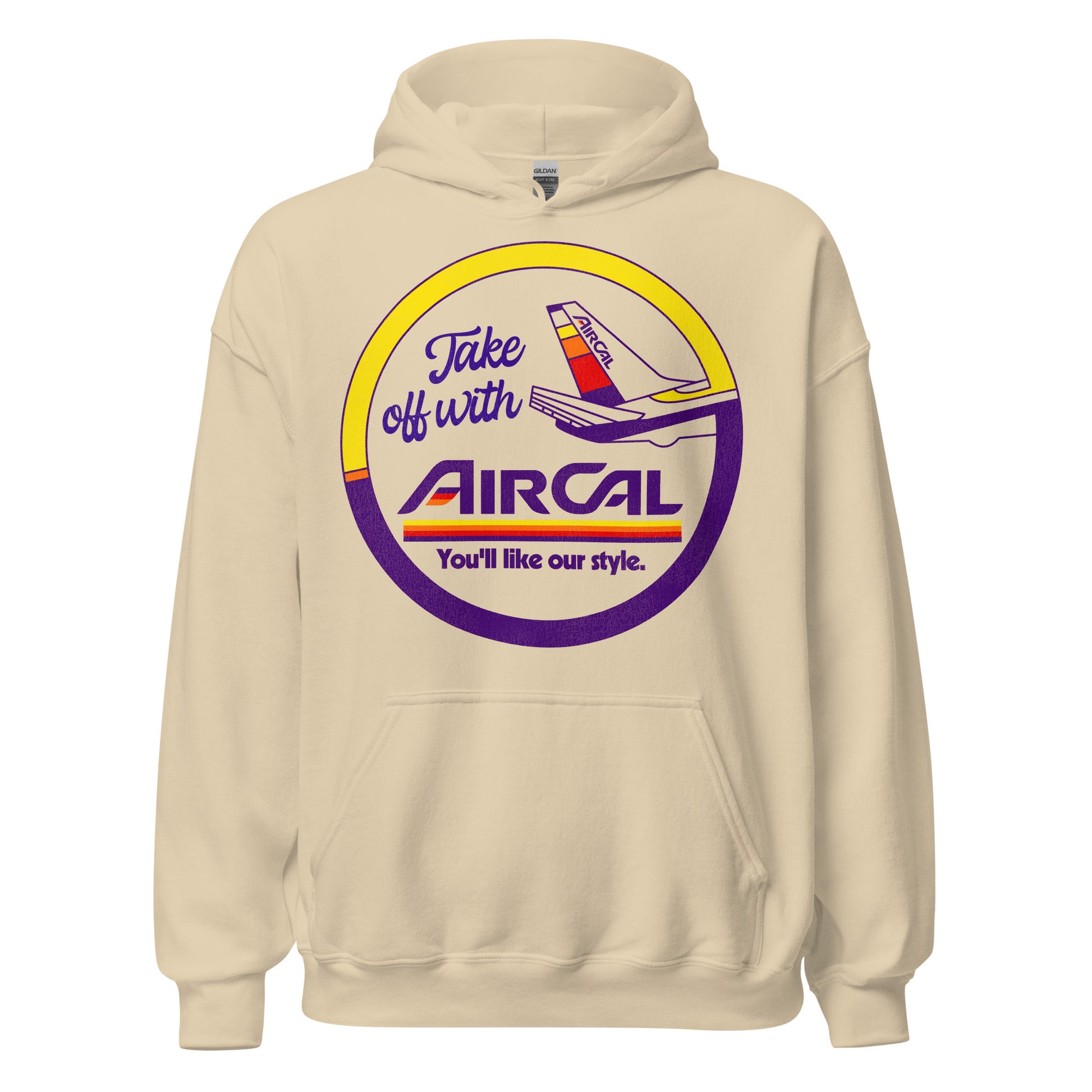 A retro travel sand colored hoodie sweatshirt with the text Take off with Aircal, You'll like our Style. Refers to the 60s, 70s, and 80s Californian airline originally known as Air California. Has image of a plane with a logo tail saying Air Cal. 
