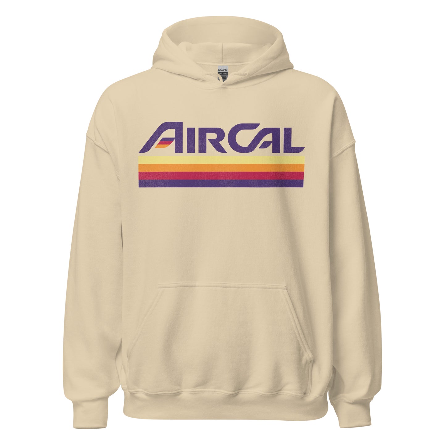 An 80s style tourist sand colored hoodie sweatshirt with the text "AirCal", the airline originally branded "Air California" with the logo of colorful stripes. 