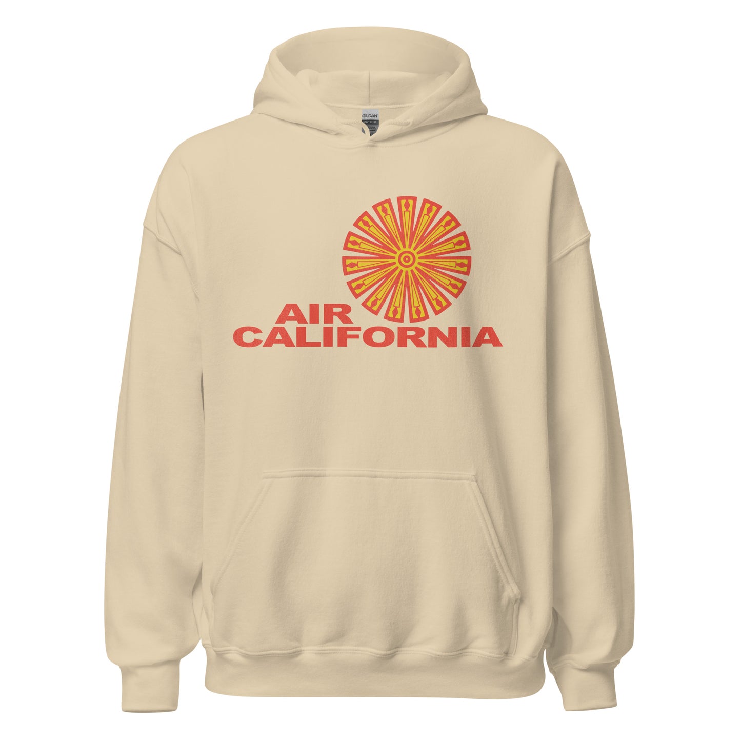 A 70s style retro sand colored hooded sweatshirt that says "Air California" in bold red letters with the airline's circular sunlike geometrical orange and yellow logo. 