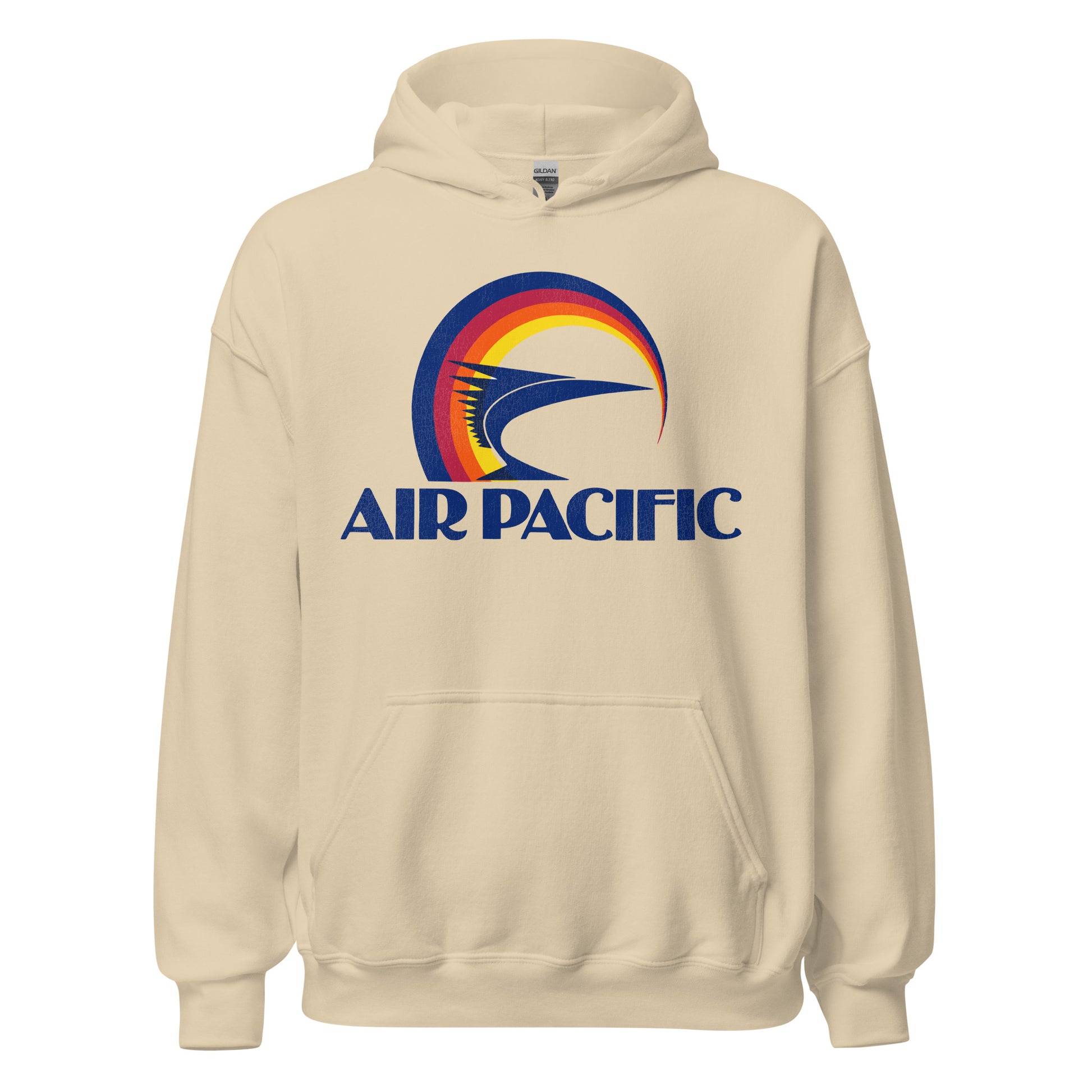 A sand colored retro style hooded sweatshirt with the "Air Pacific" logo including circular blue, red, orange, and yellow lines and a blue image in the shape of a fish. 