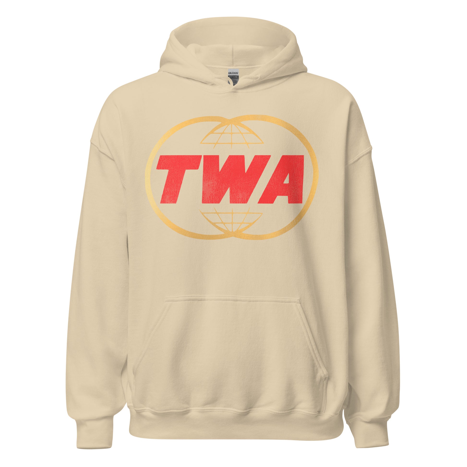 A retro 70s style sand colored hooded sweatshirt with the Trans World Airlines logo. The letters TWA are in red and two gold circles representing globes overlap. 