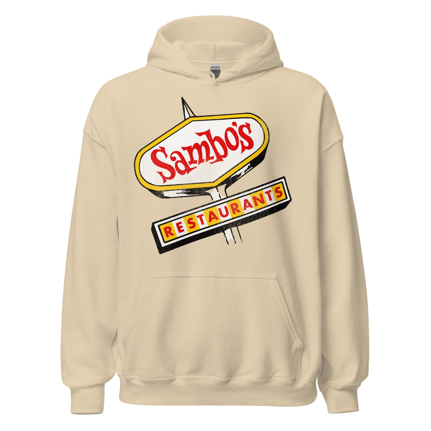 A sand colored tourist hoodie sweatshirt that says "Sambo's" on a sign and "Restaurants" below, referencing the 1950s-1970s pancake and burger restaurant chain.
