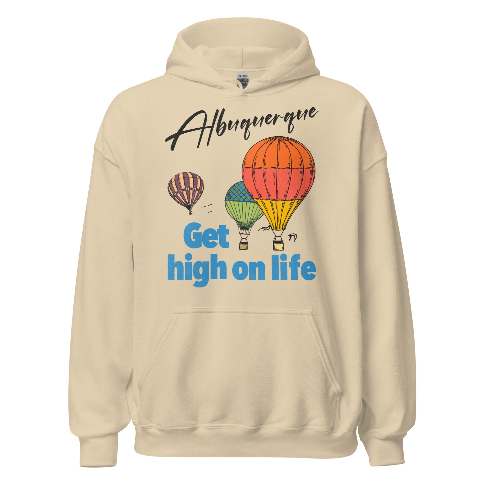 A sand colored retro hoodie sweatshirt that says Albuquerque, a city in New Mexico, and Get high on life. Images of three hot air balloons. Refers to the tourist destination Albuquerque International Balloon Fiesta. 