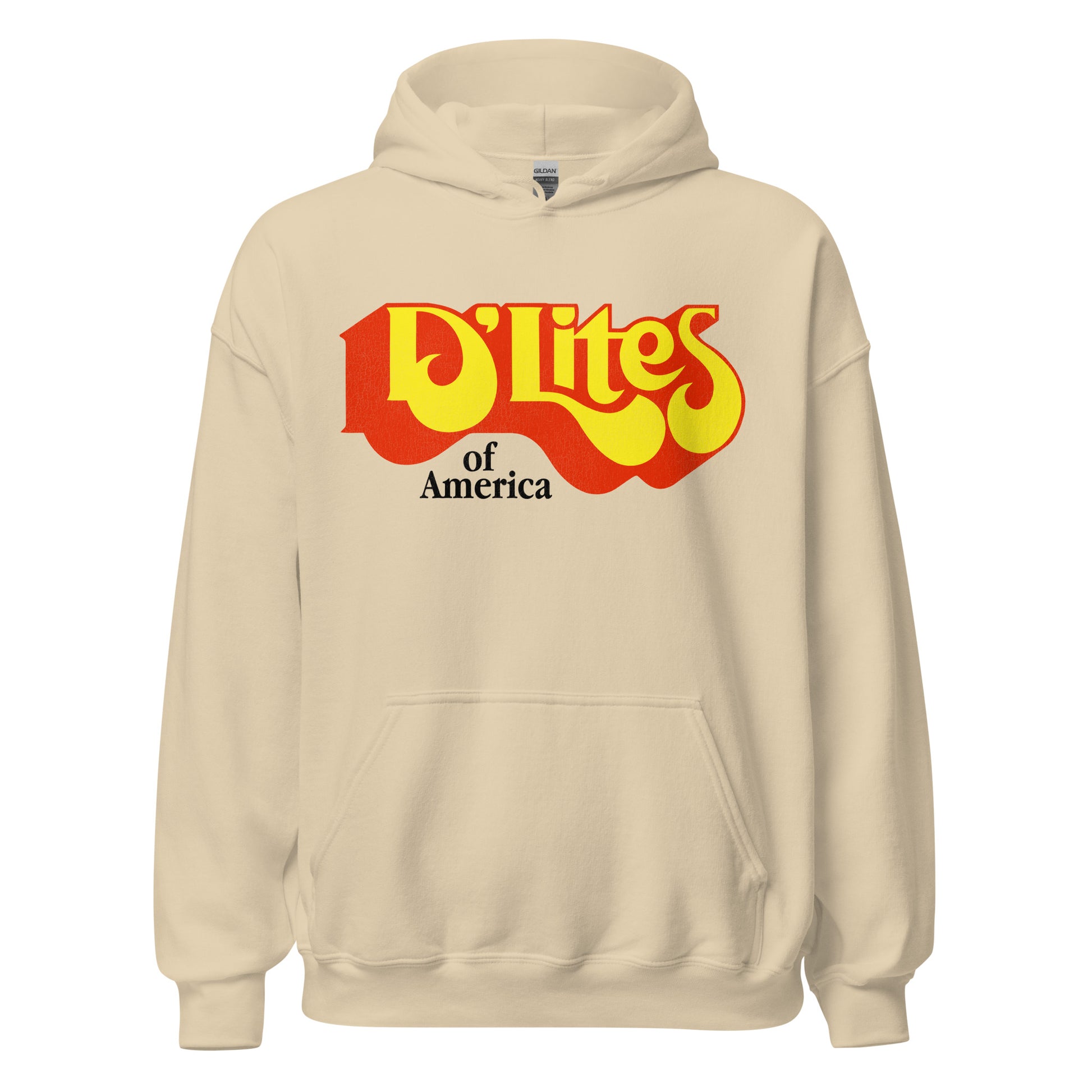 A retro sand colored hooded sweatshirt that reads "D'Lites of America". 
