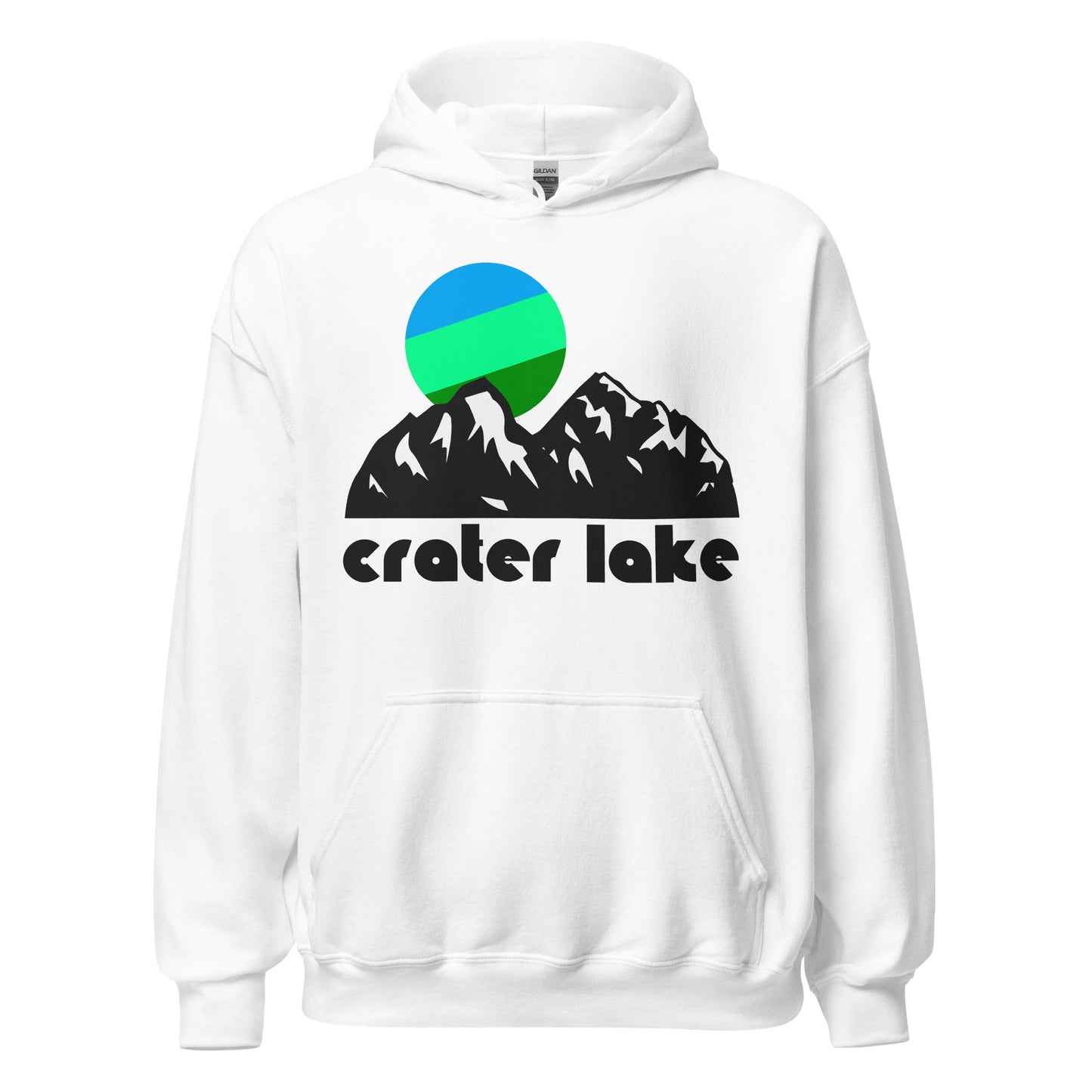 A retro, 80s style white colored hoodie sweatshirt that says "Crater Lake" and includes an image of a mountain range - representative of the Cascades in Oregon - with an aesthetic green and blue sun hanging over the peaks. In reference to Crater Lake National Park, famous for Crater Lake which is the deepest lake in the United States, with stunning hiking opportunities, the Rim Drive, Cleetwood Cove Trail, backcountry camping, fishing, swimming, bicycling, and sightseeing. 