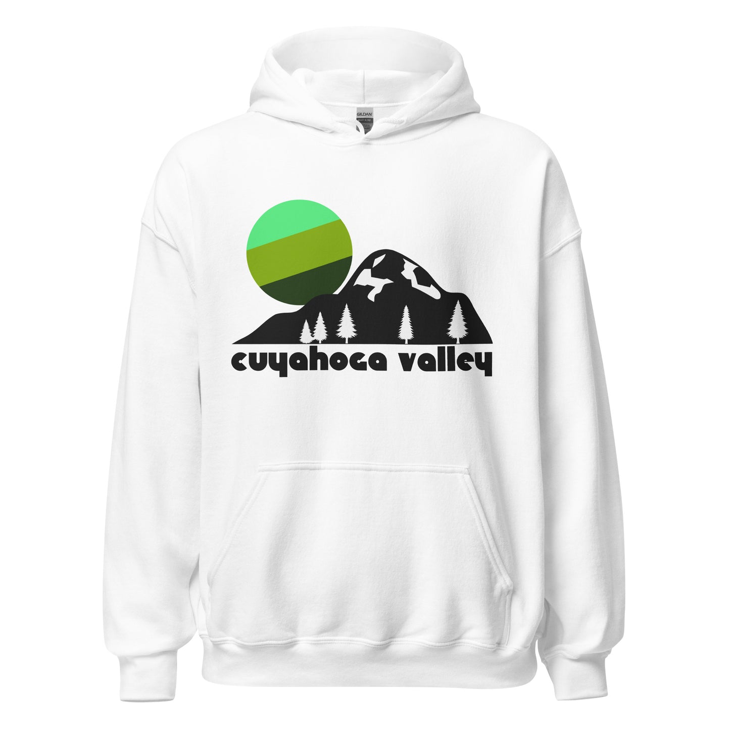 A retro, souvenir white colored hooded sweatshirt that says 'cuyahoga valley' in reference to Cuyahoga Valley National Park, the only national park in Ohio, situated in between Cleveland and Akron, with a rich geological history connected to the Appalachian Mountains , with activities like train rides, hiking, biking, fishing, and backpacking. Includes the image of a mountain dotted with pine trees and a green shaded sun rising. 