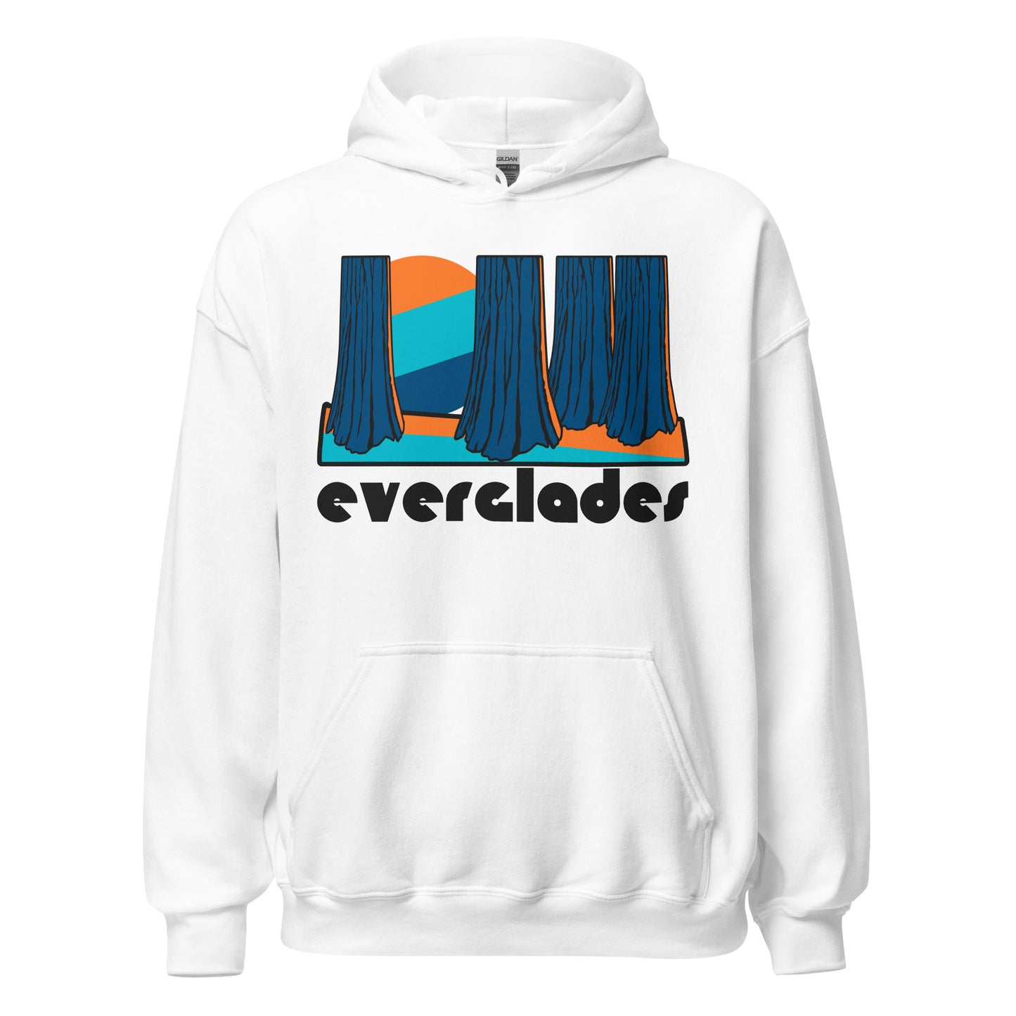A vintage, 80s style white colored hoodie sweatshirt that says "Everglades" in bold letters under the image of trees on top of a striped blue and orange ground, an aqua, orange, and navy sun through the tree trunks. In reference to Everglades National Park in Florida, known as the "River of Grass", spanning from Lake Okeechobee to the tip of the Florida Bay peninsula, with tourist attractions like boat rides, cruises, biking trails, kayaking. 