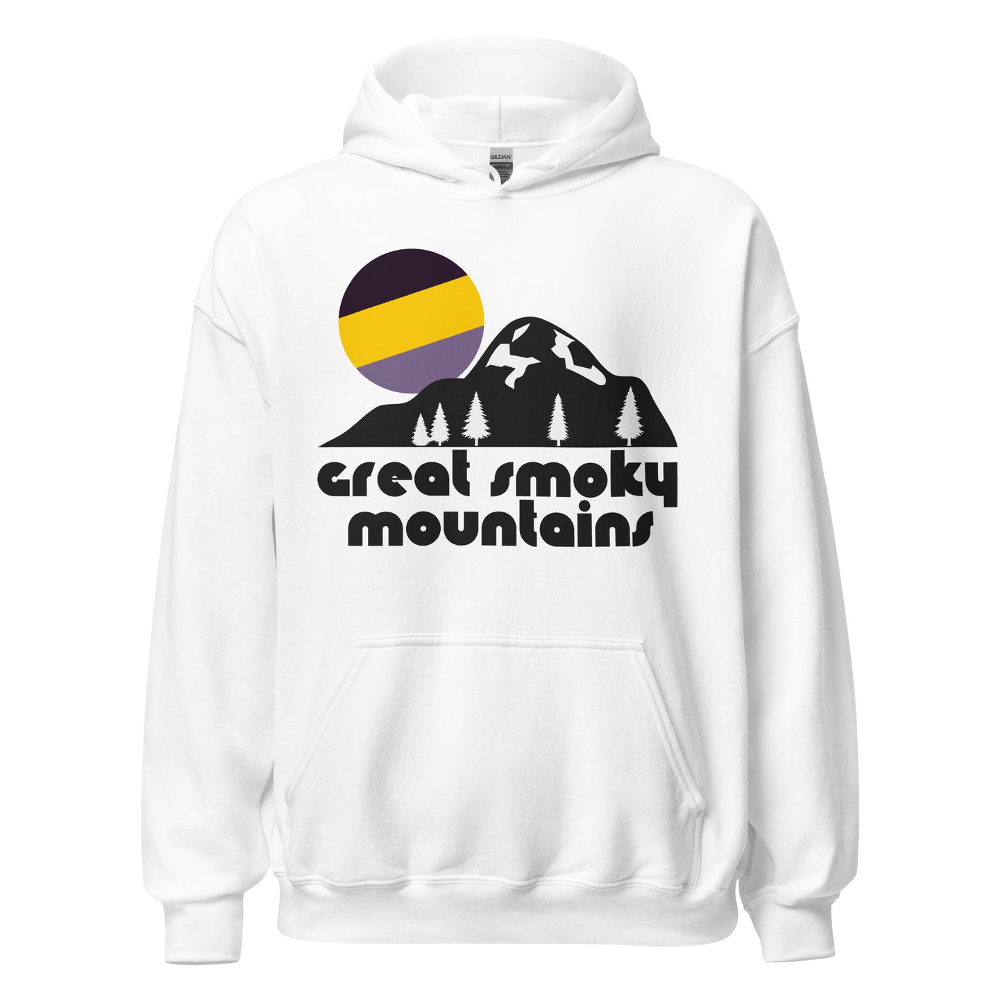 A white colored, 80s style souvenir hooded sweatshirt with a mountain and pine tree graphic, a tricolored purple and yellow sun setting in the distance. Says "Great Smoky Mountains" in reference to the national park which includes some of the world famous Appalachian Trail and beautiful locations like Greenbrier, Cades Cove, Fontana, Cosby, and Oconaluftee. 