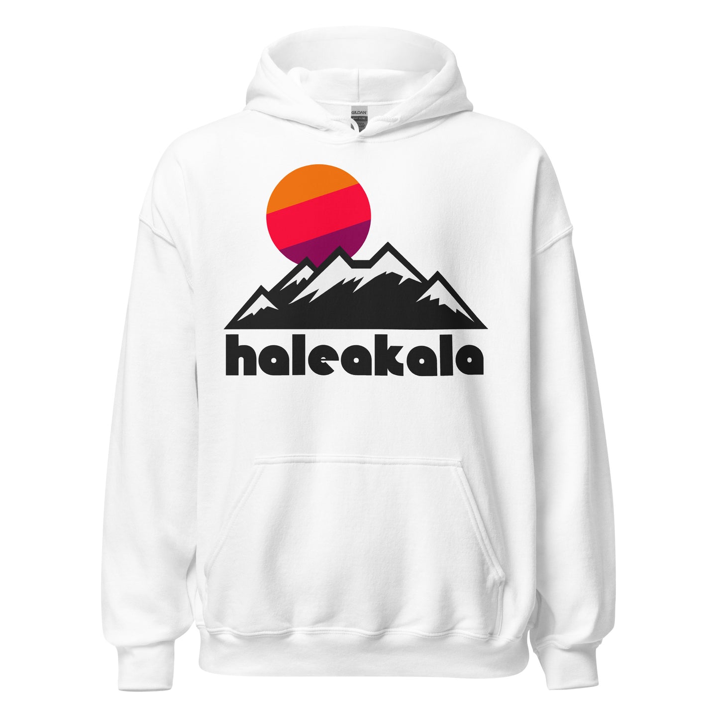 A 70s style, retro hooded sweatshirt in the color white with a stylized picture of a mountain range with snow covered peaks and a sun rising above the cliffs in warm tones. Says "haleakala" in reference to Hawaii's Haleakalā National Park, including the volcano Haleakalā, black volcanic sands, wilderness area, cinder lands, coastal rainforest, and animal species unique to Hawaii. 