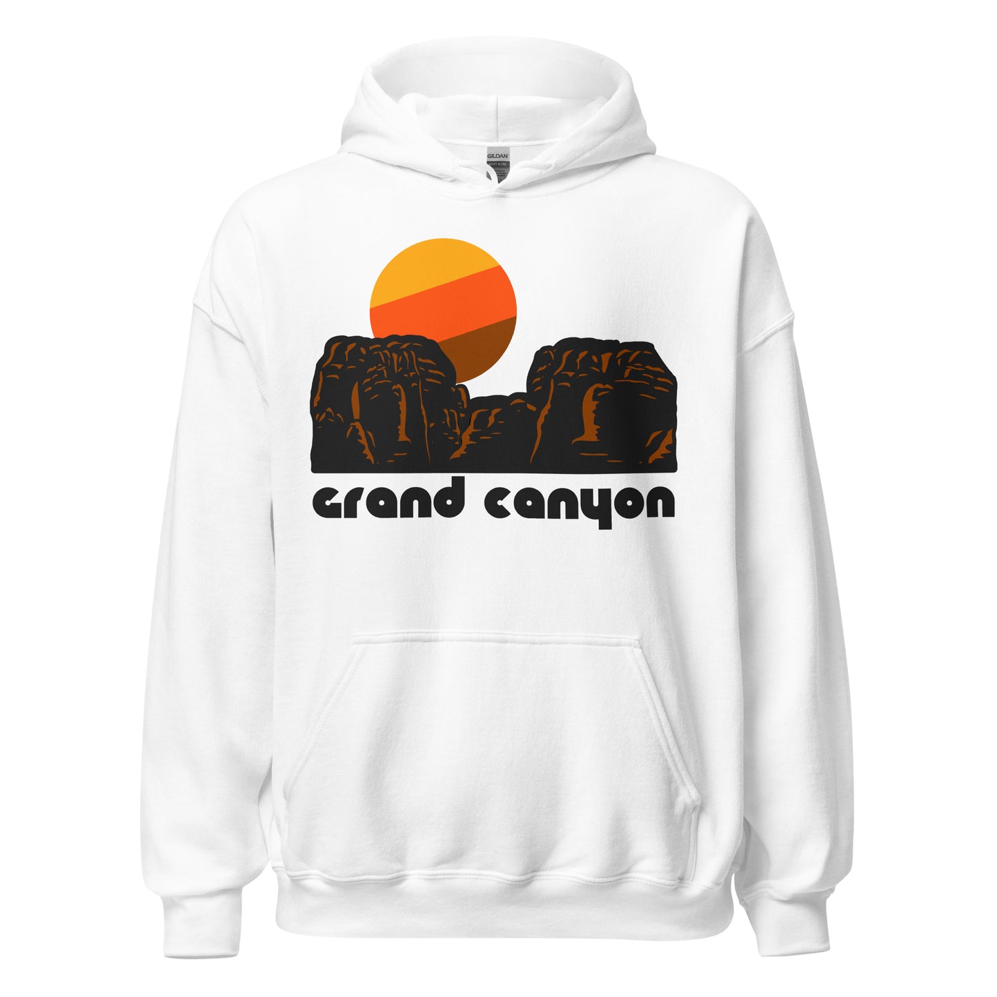 A 70s style, tourist Grand Canyon hooded sweatshirt in the color white with the image of a red rock canyon, with beautiful crags and crevices, a yellow, orange, brown stylized sun setting in the distance. References Grand Canyon National Park, one of the most famous national parks in the United States and around the world, with iconic views from the South Rim and activities like mule rides, water rafting on the Colorado River, and hiking. 