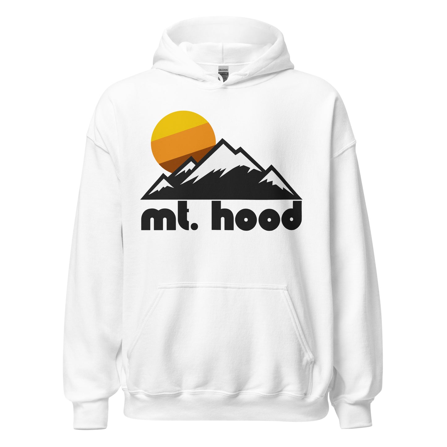 An aesthetic, souvenir Mt. Hood white colored hoodie sweatshirt that includes the image of a mountain landscape, the peaks covered in snow, and a tricolored warm toned sun setting in the distance. In reference to Oregon's popular Mt Hood Meadows Ski Resort, a family friendly resort on Mount Hood - an active volcano i the Cascade Range - with heavy snowfall and incredible skiing and snowboarding trails. 