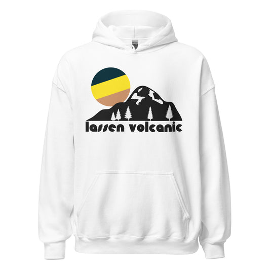 A souvenir, 70s style Lassen Volcanic National Park white colored hooded sweatshirt with the image of a mountain with a few tall spruce trees and a stylized tricolored sun setting behind the peaks. The Californian national park is known worldwide for having the largest plug dome volcano in the world, Lassen Peak, and for its nature defined by lava and volcanic eruptions, with sites like the Devastated Area, and hydrothermal areas such as Bumpass Hell, visited by hikers, backpackers, and tourists all year. 