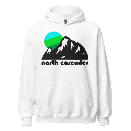 A retro, souvenir North Cascades National Park hooded sweatshirt in the color white that says "north cascades" underneath a mountain range image, snow covering the sides of the tall mountains, and a blue, bright green, and forest green colored sun. 