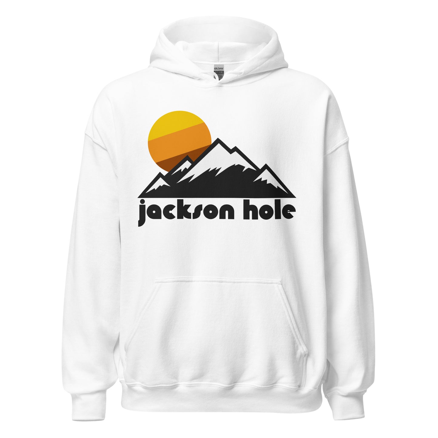 A white colored 70s style retro hoodie sweatshirt with the picture of many snow colored mountains and a colorful yellow, orange, and red sun setting behind the mountain range. References Jackson Hole Mountain Resort in Grand Teton National Park, near Yellowstone National Park, a popular destination for ski and snowboarding trips. 