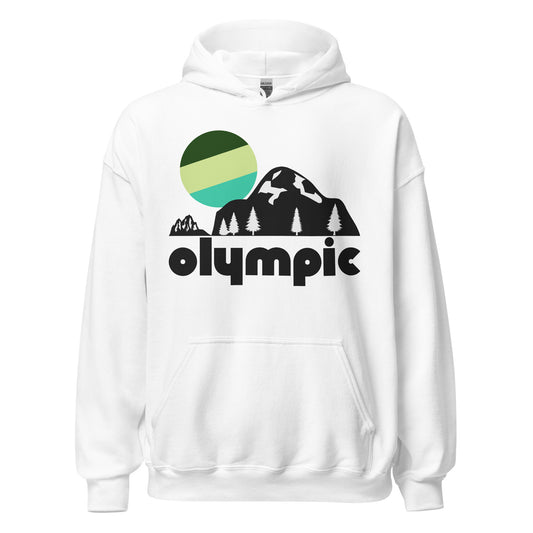 A souvenir, 80s style white colored hoodie sweatshirt reading "olympic" with the image of a huge mountain and a couple smaller mountains with pine trees and a colorful sun setting in the distance. In Reference to Washington State's Olympic National Park known for its rainforests, its coast on the Pacific Ocean, and the Olympic Mountain Range, famous for  Mount Olympus. 