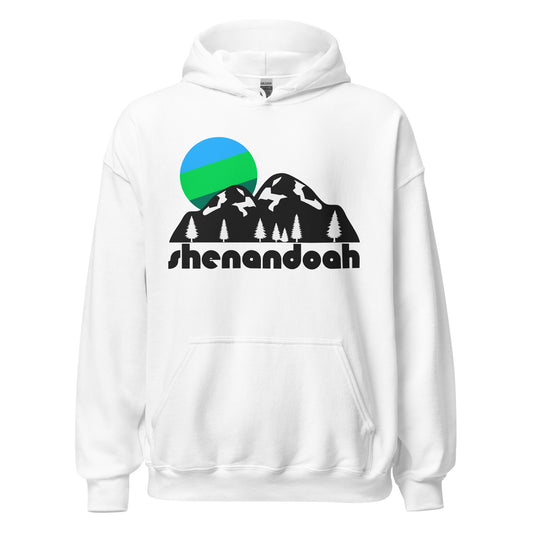 A retro, white colored hoodie sweatshirt that says "Shenandoah" in reference to Shenandoah National Park in Virginia, known for its mountains, stunning autumn views, forests, and the popular Old Rag Mountain, as well as birding at Big Meadows. The sweatshirt includes the image of a blue and green sun shining down over black mountains with snow and forest pine trees. 