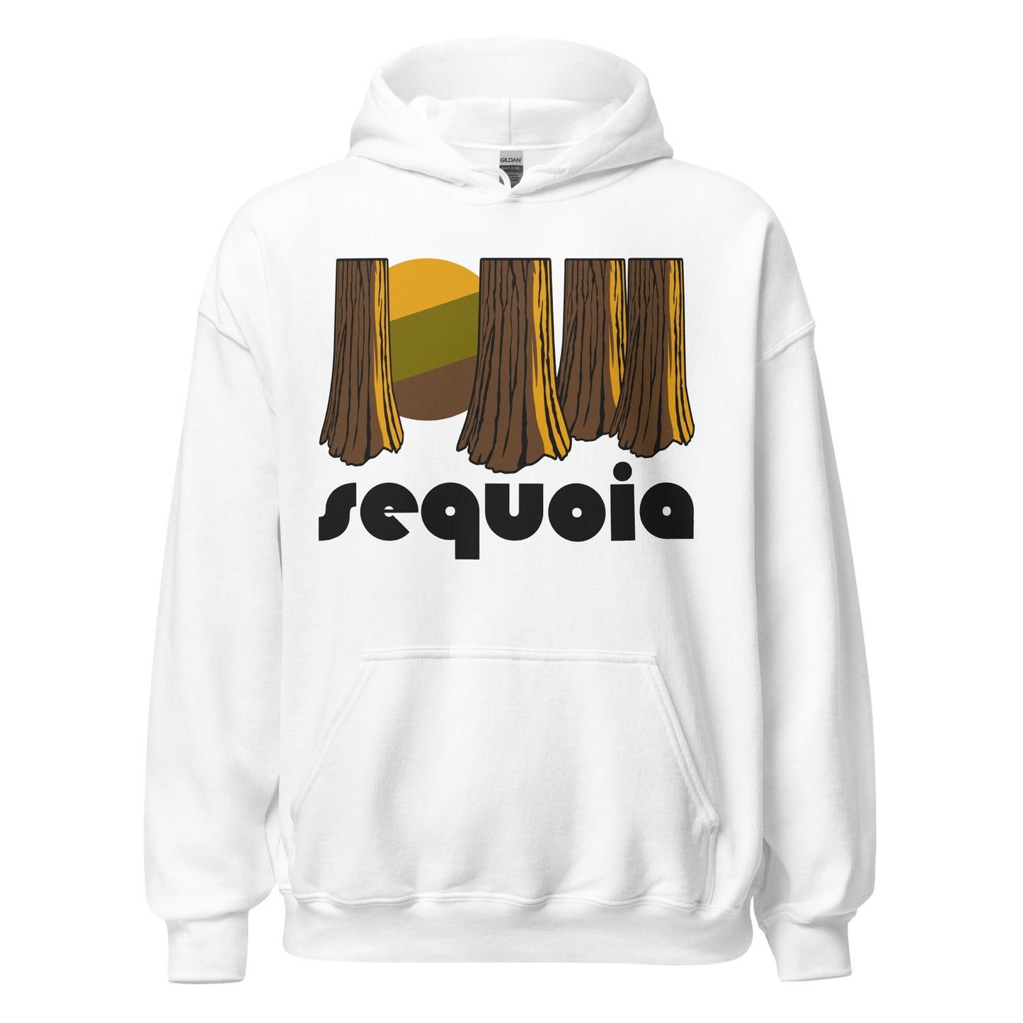 A retro, 70s style white hoodie t-shirt that says "Sequoia", referencing Sequoia National Park, near Kings Canyon National Park, in California's Sierra Nevada Mountains. Includes an image of multiple large trees with a sun shining through in yellow, brown, and green colors, referencing the Giant Forest, known for including the greatest tree in the entire world, called General Sherman Tree. 