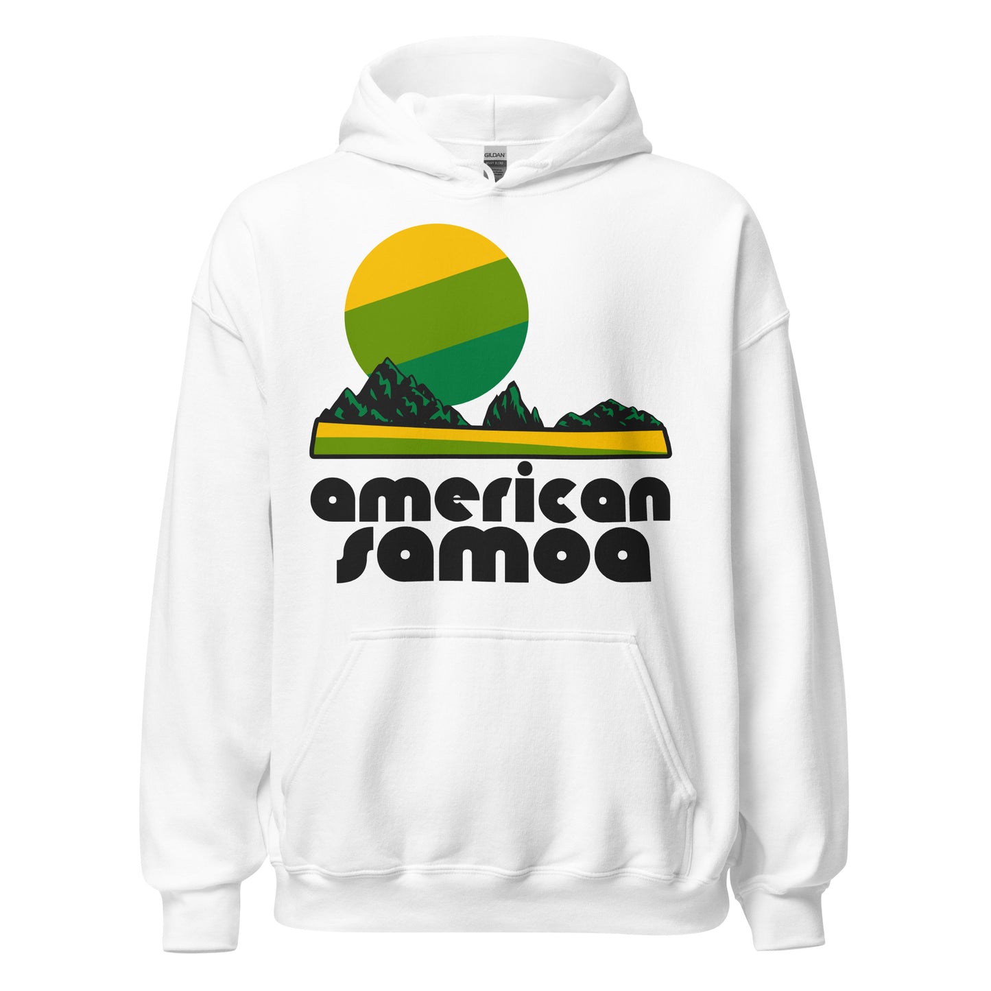 A retro, white colored souvenir hooded sweatshirt that says American Samoa, referencing the National Park of American Samoa on multiple islands, known for rainforests, a unique ecosystem, Samoan culture, coral reefs, and stunning views of the Pacific Ocean. Includes an image of a yellow and green sun, dark forest green rainforests over mountains, and a yellow and green beach landscape. 