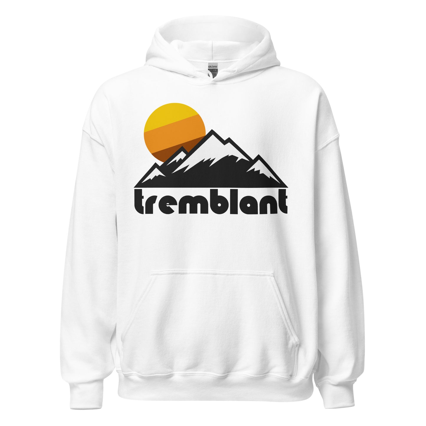 A white 80s style "Tremblant" souvenir hoodie sweatshirt with the image of multiple snowy mountains and a yellow, orange, and brown colored sun. References the Mont-Tremblant Ski Resort in Quebec, Canada, one of the most famous locations for skiing in North America, known for its incredible views of the Laurentian Mountains. 