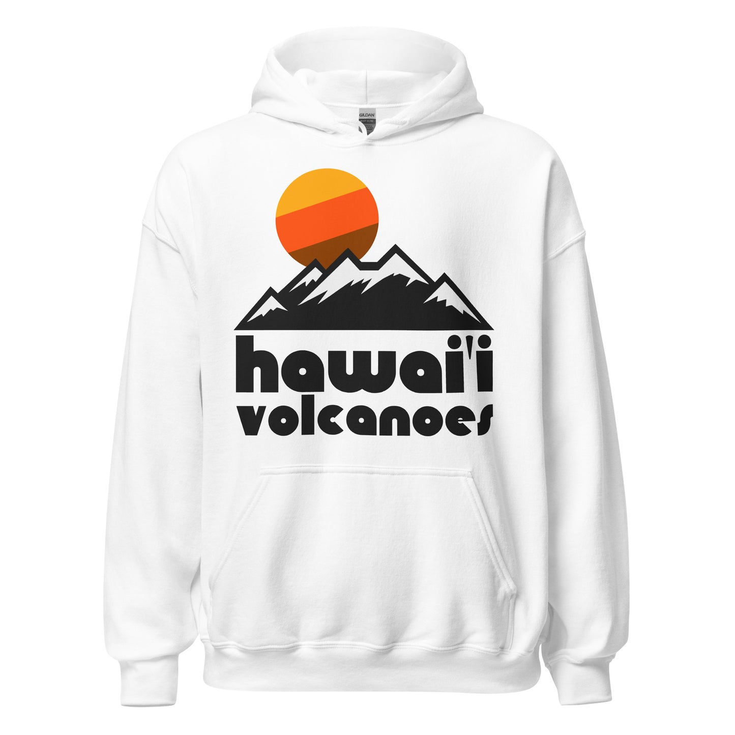 A white colored "Hawai'i Volcanoes" 70s style retro hoodie sweatshirt with the image of mountain peaks with snow and a sun rising in orange, yellow, and brown colors. References the Hawai'i Volcanoes National Park, a UNESCO World Heritage Site on Big Island which includes the famous Kīlauea and Mauna Loa active volcanoes and Halema'uma'u Crater. 
