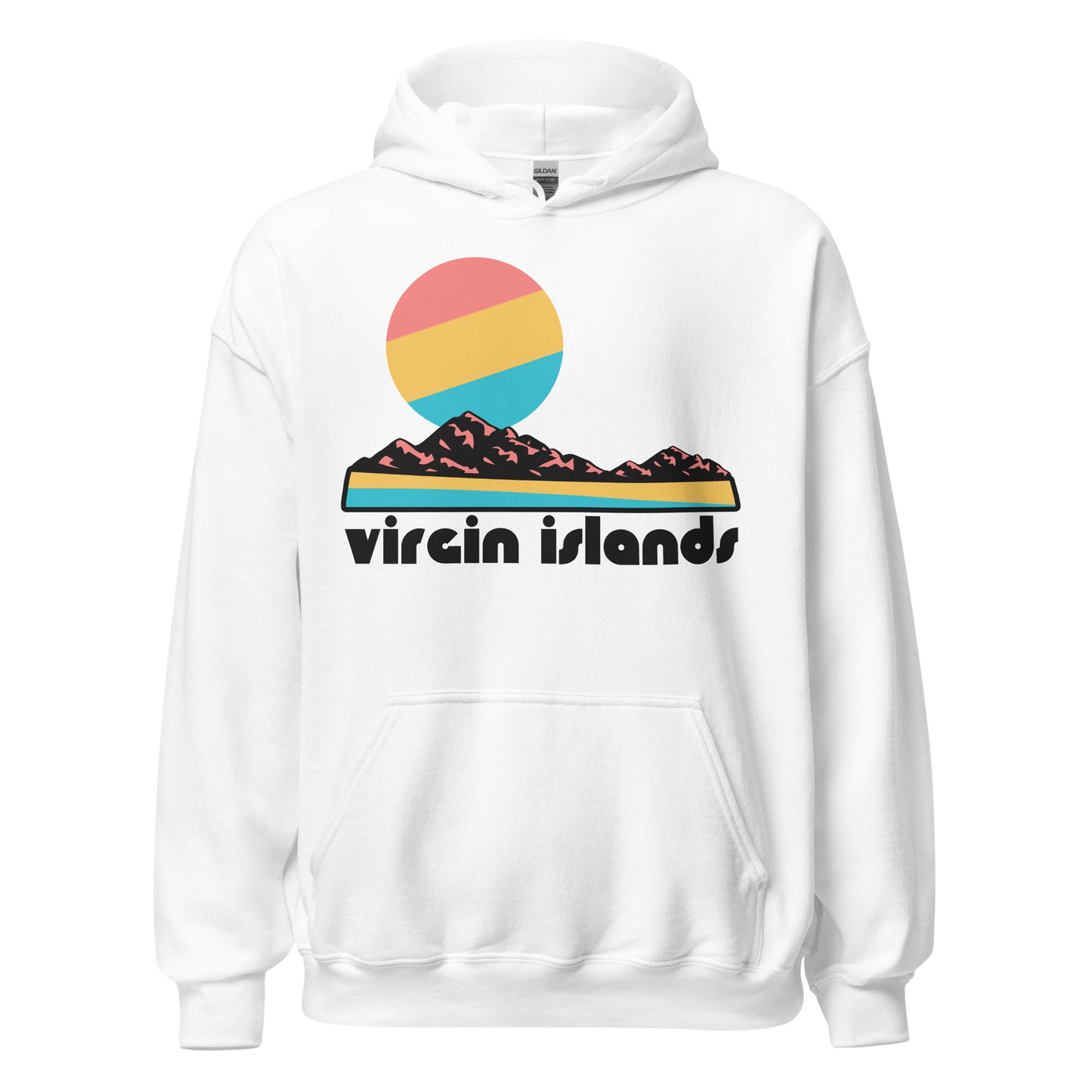 A white colored Virgin Islands National Park hooded sweatshirt for travel and tourists with the image of a pink, yellow, and blue sun over rocky landscape and a striped yellow and blue beach and ocean. Located on Saint John, the national park includes stunning beaches like Trunk Bay and Francis Bay, tropical forests, mountains including Bourdeaux Mountain,  and plantation ruins such as the Annaberg Sugar Plantation. 