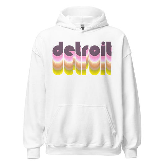 A retro, 80s style Detroit, Michigan hooded sweatshirt that says "Detroit" in lowercase, purple, bubble letters in a 3-d style with the rest of the letters fading into pinks, browns, and yellows. 