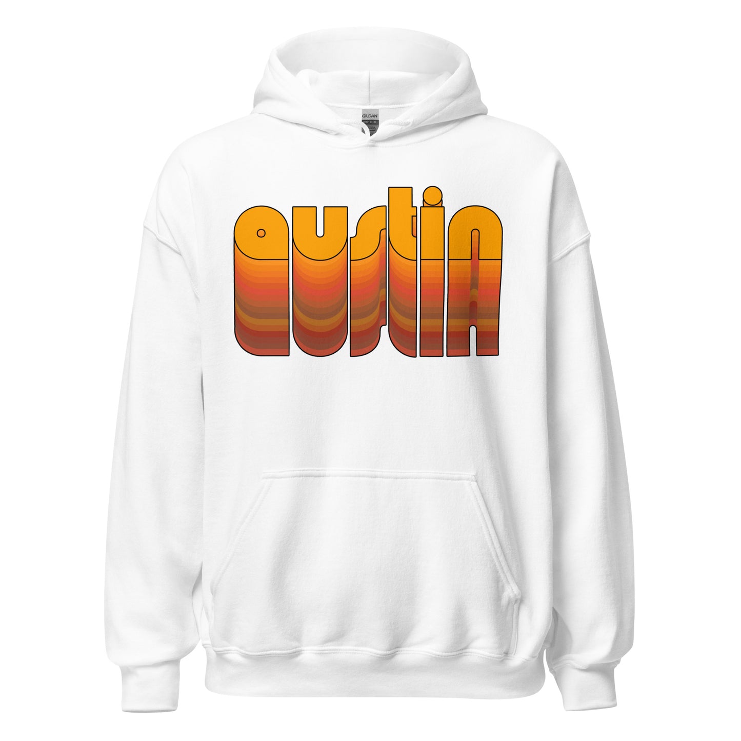 A heavy blend retro white colored Austin, Texas hooded sweatshirt. Has the word Austin in orange, in 3-d style so that the letters continue down in various colors. 